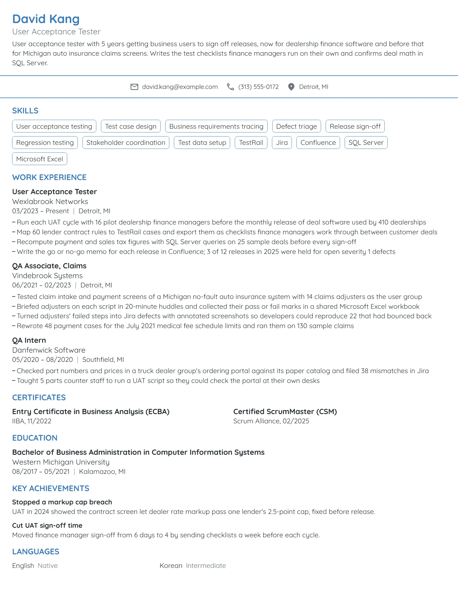User Acceptance Tester resume example