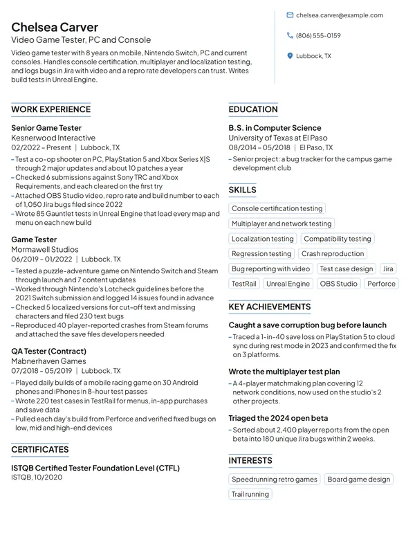 Video Game Tester resume example