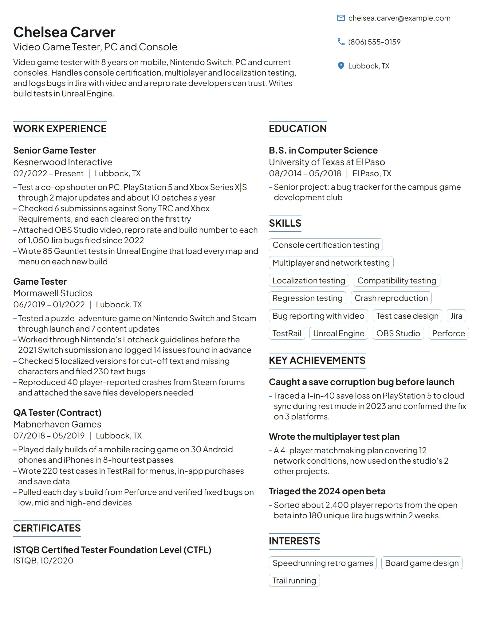 Video Game Tester resume example