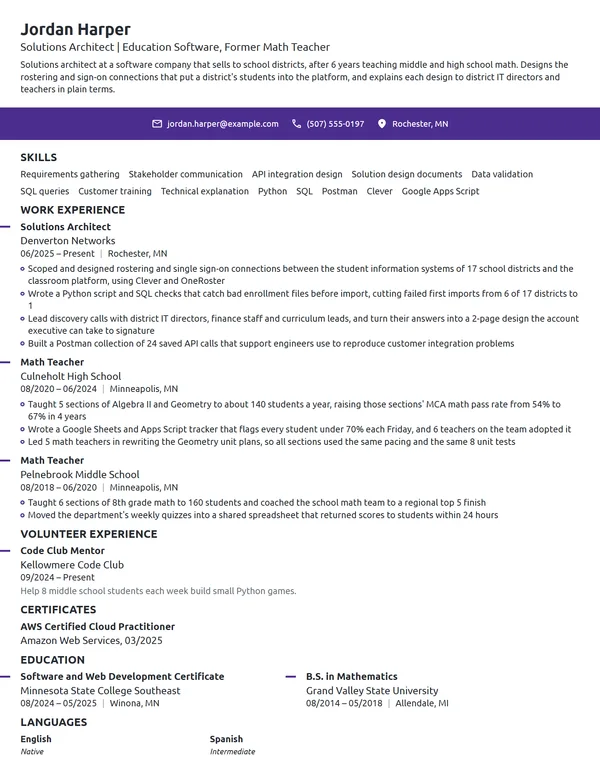 Career Change Solutions Architect resume example
