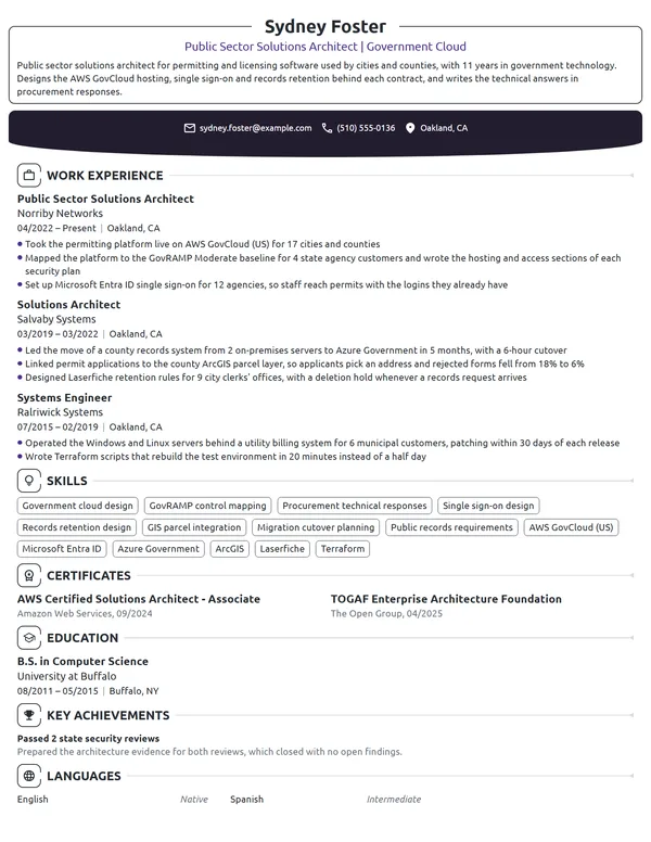 Public Sector Solutions Architect resume example