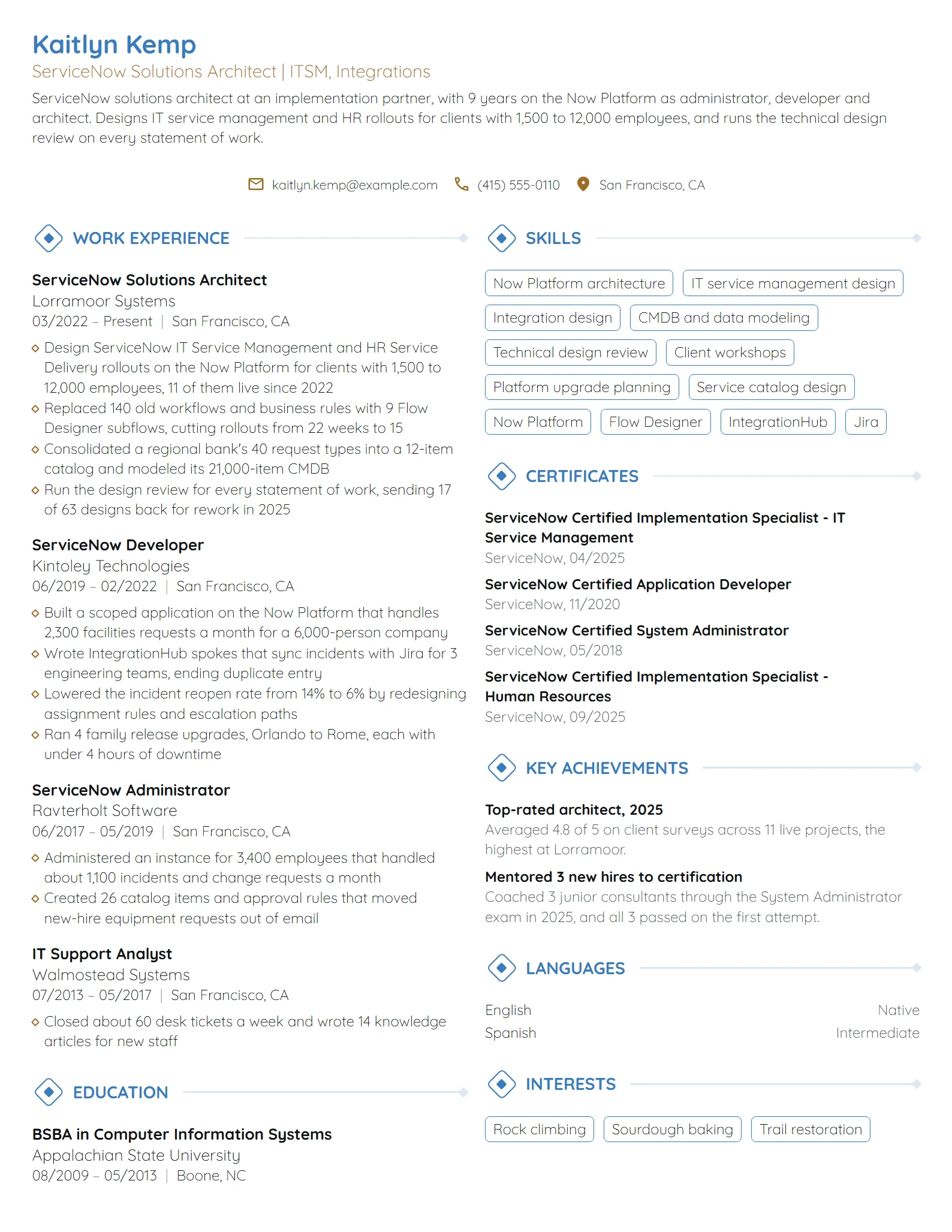ServiceNow Solutions Architect resume example