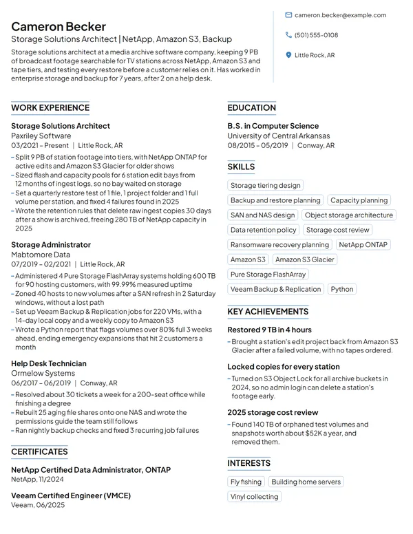 Storage Solutions Architect resume example