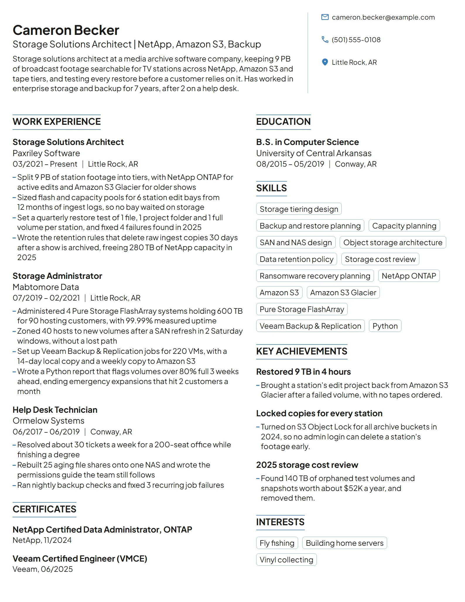 Storage Solutions Architect resume example