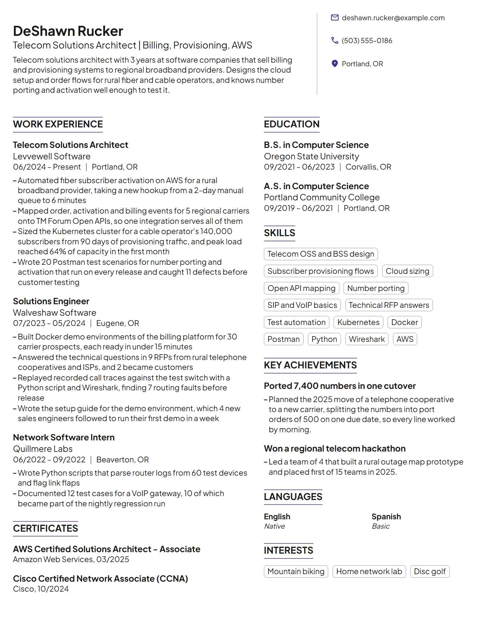 Telecom Solutions Architect resume example