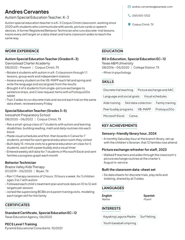 Autism Special Education Teacher resume example