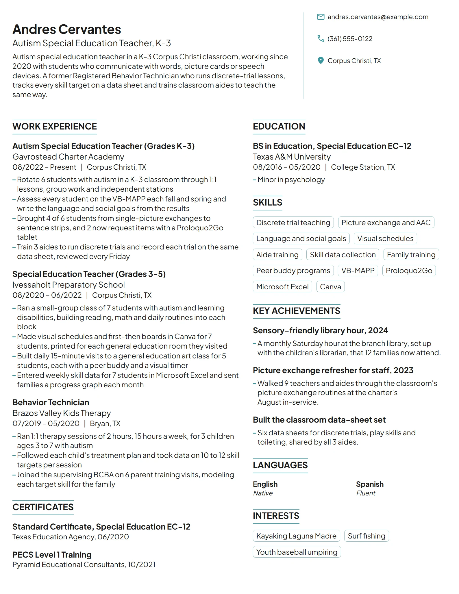 Autism Special Education Teacher resume example