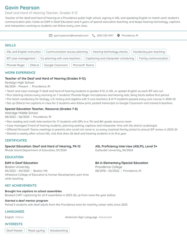 Deaf and Hard of Hearing Teacher resume example