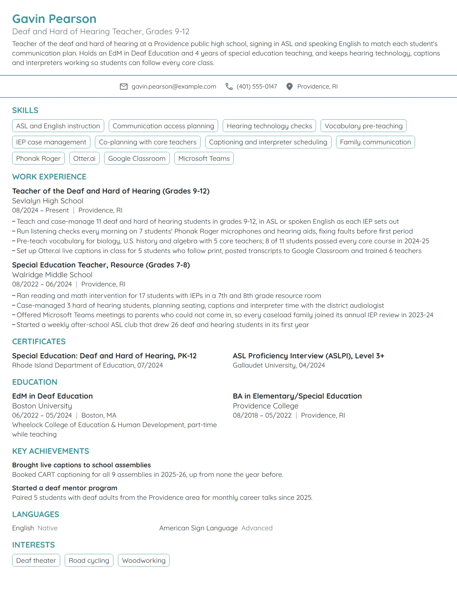 Deaf and Hard of Hearing Teacher resume example
