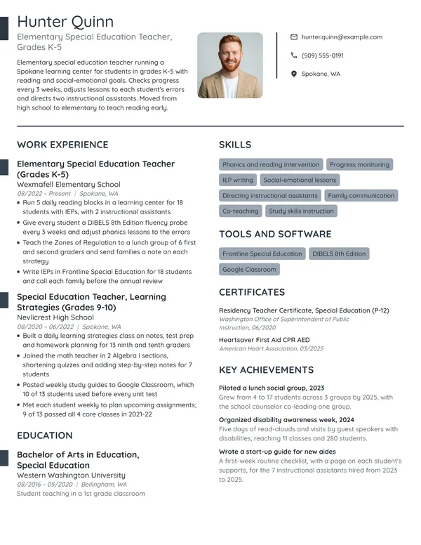 Elementary Special Education Teacher resume example
