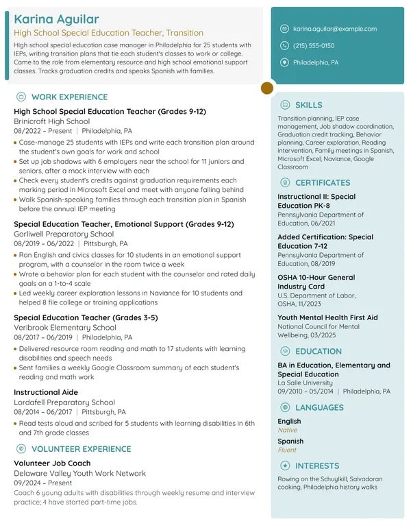 High School Special Education Teacher resume example
