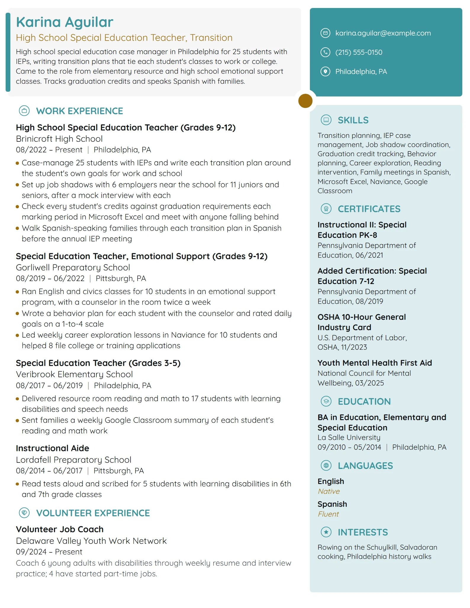 High School Special Education Teacher resume example