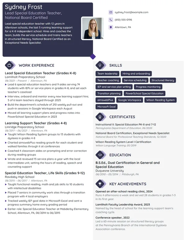 Lead Special Education Teacher resume example
