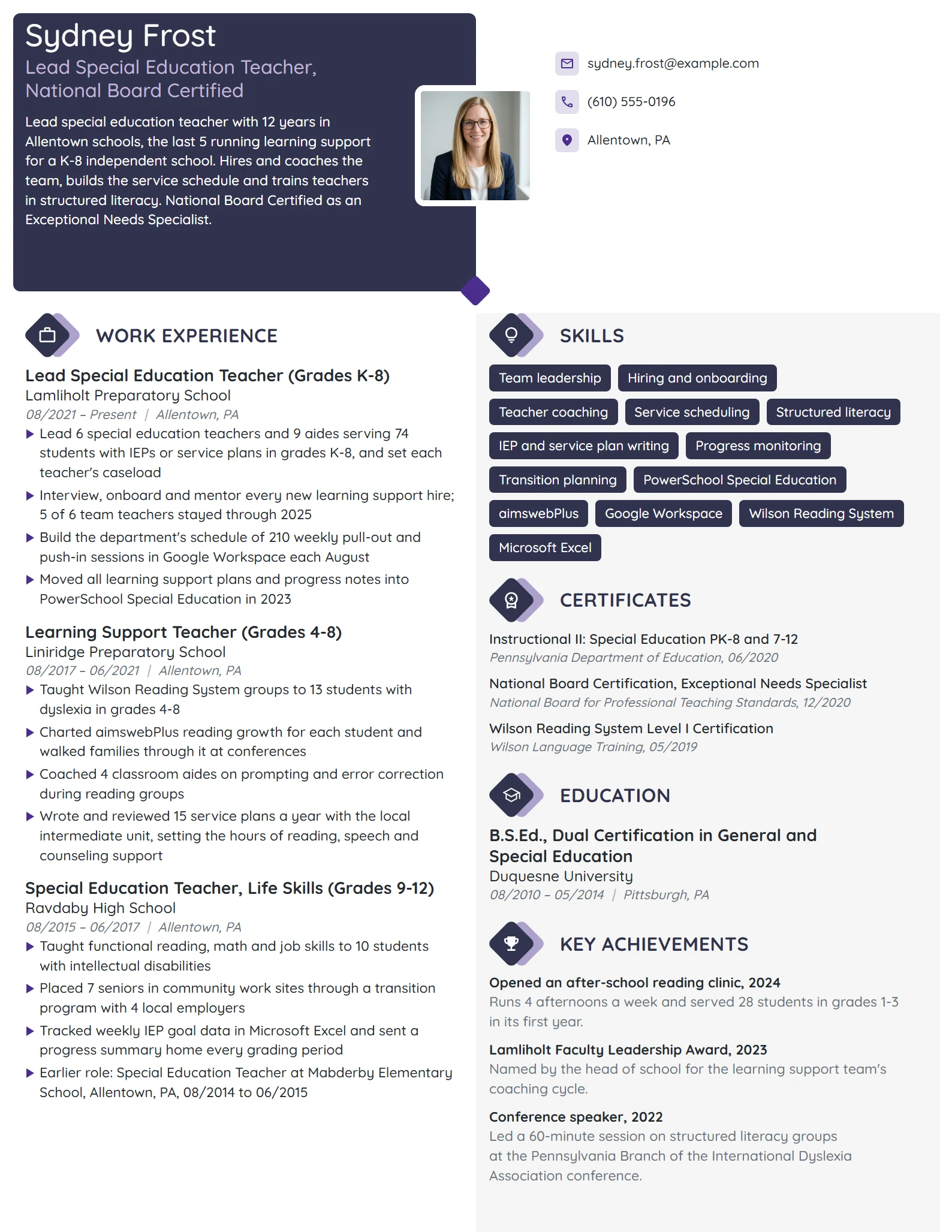 Lead Special Education Teacher resume example