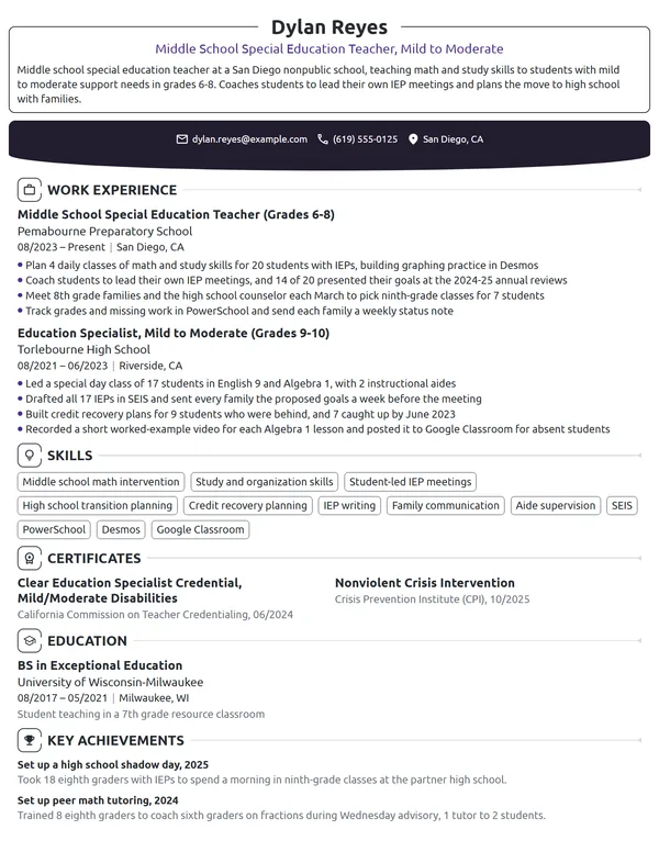 Middle School Special Education Teacher resume example