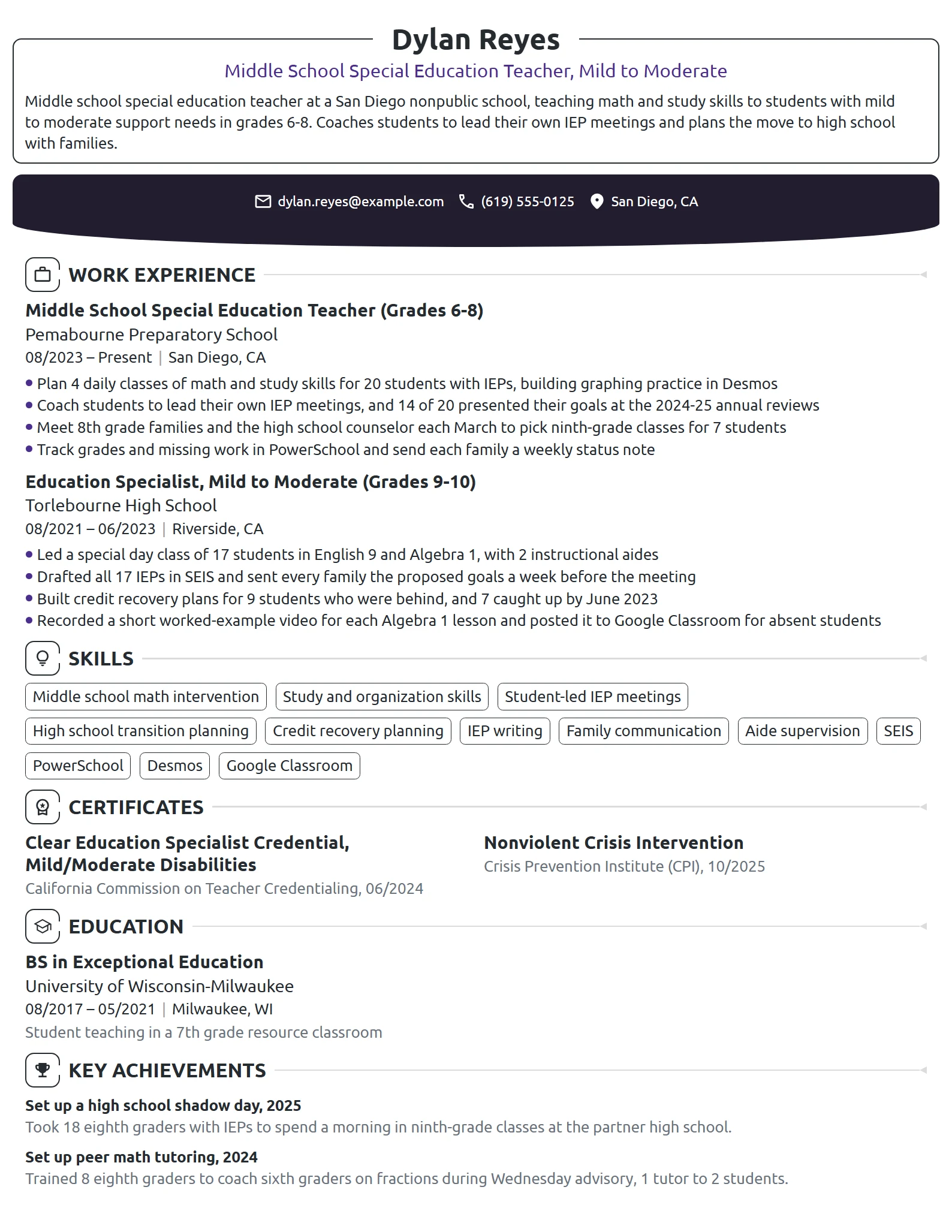 Middle School Special Education Teacher resume example