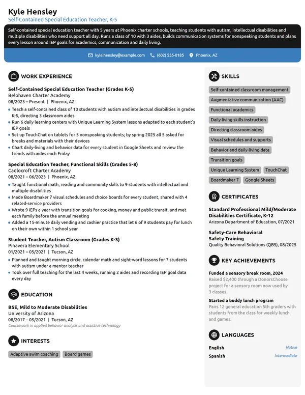 Self-Contained Special Education Teacher resume example