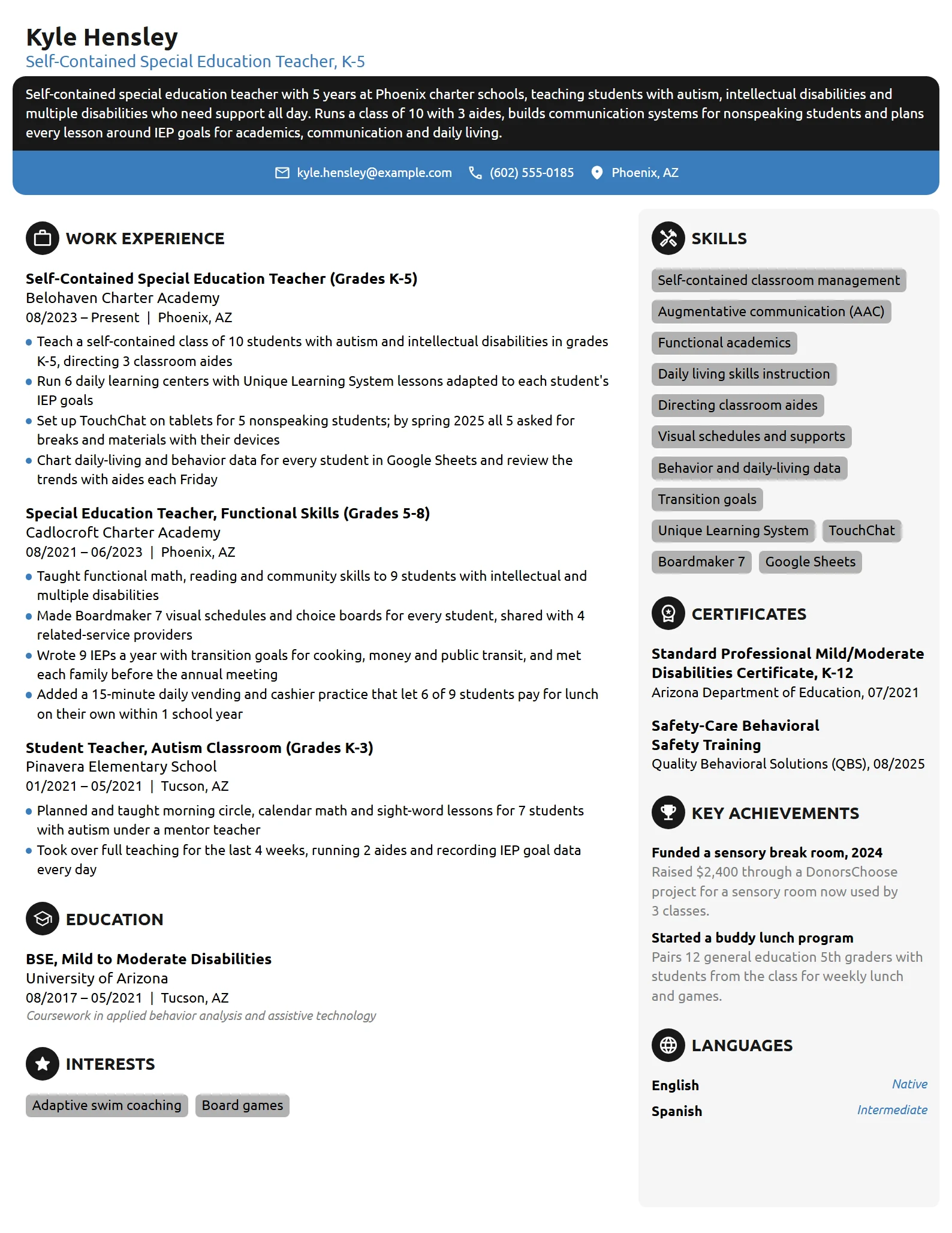 Self-Contained Special Education Teacher resume example