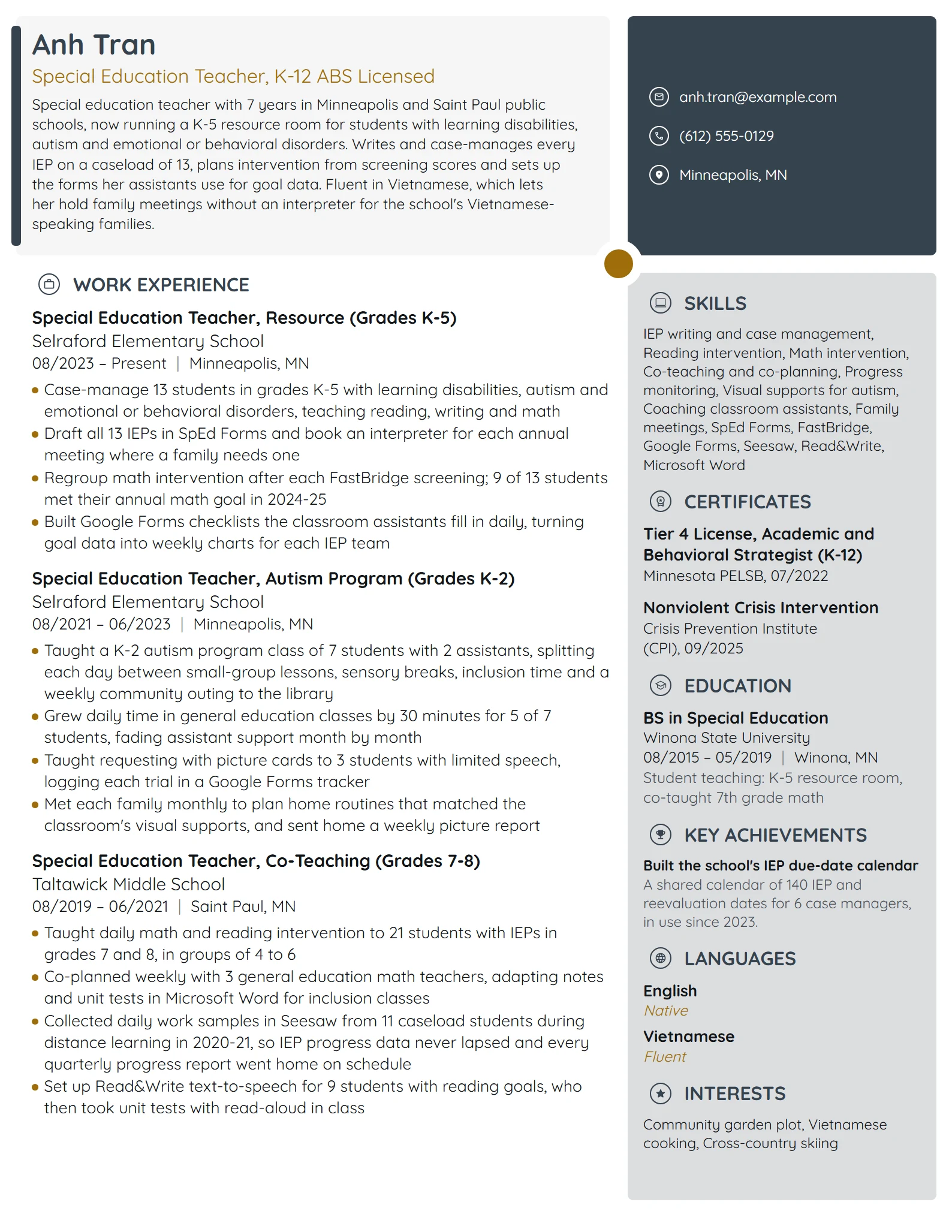 Special Ed Teacher resume example