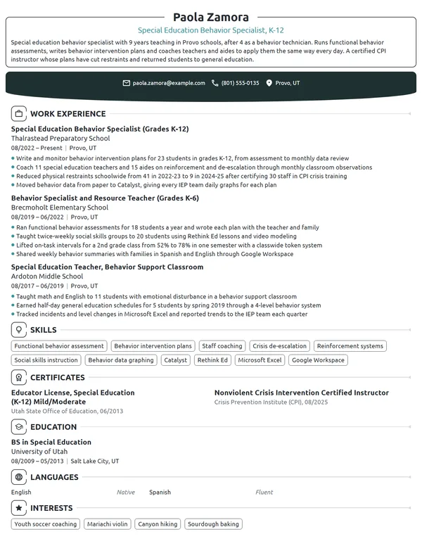 Special Education Behavior Specialist resume example