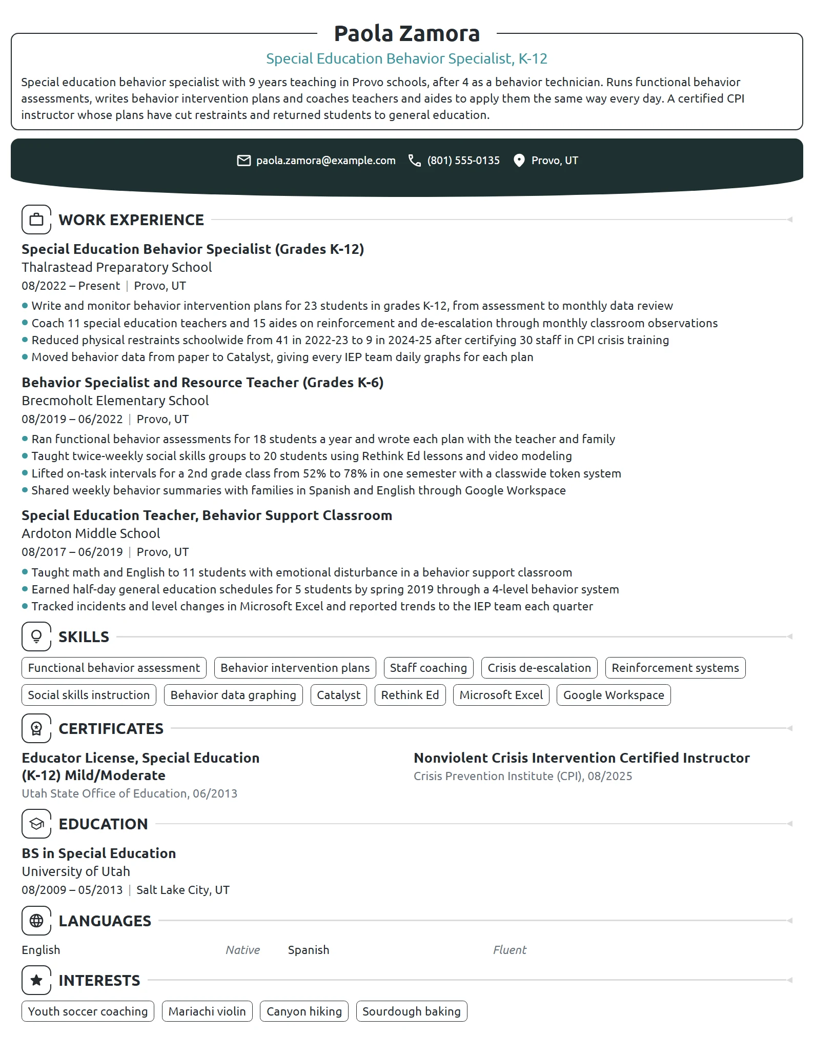 Special Education Behavior Specialist resume example