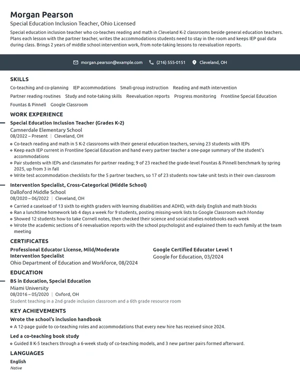 Special Education Inclusion Teacher resume example