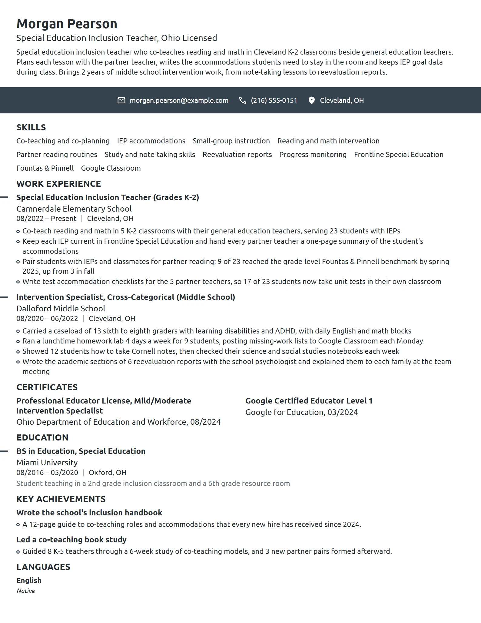 Special Education Inclusion Teacher resume example