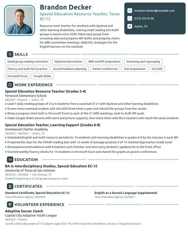 Special Education Resource Teacher resume example