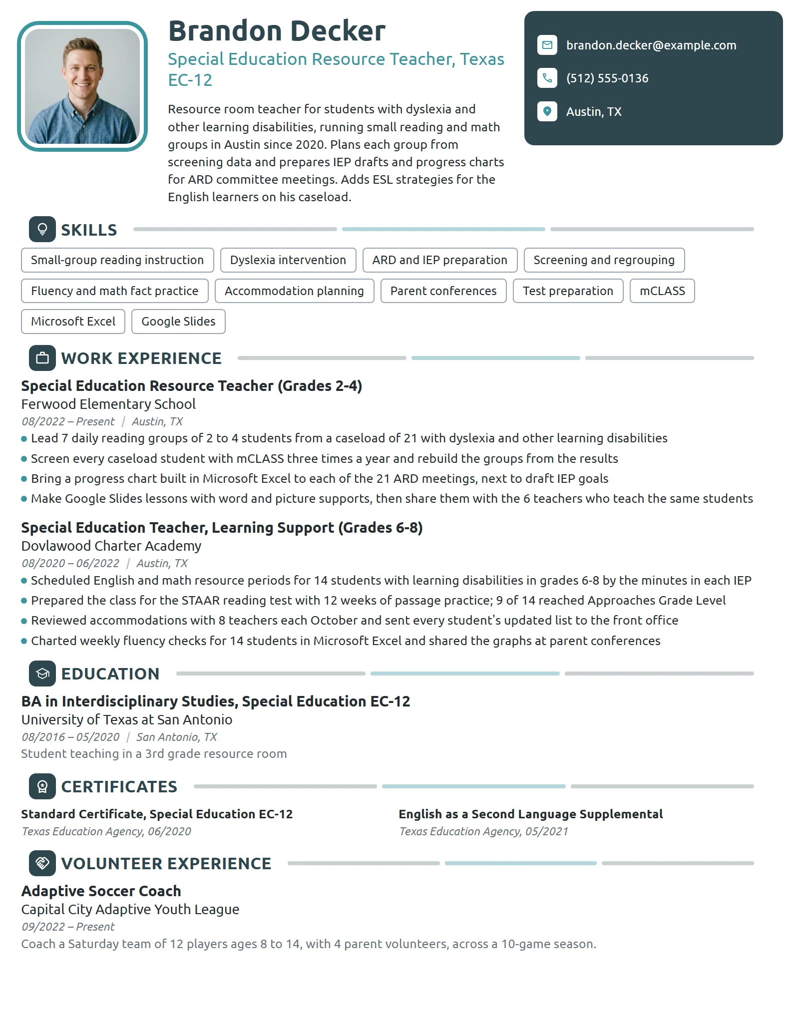 Special Education Resource Teacher resume example