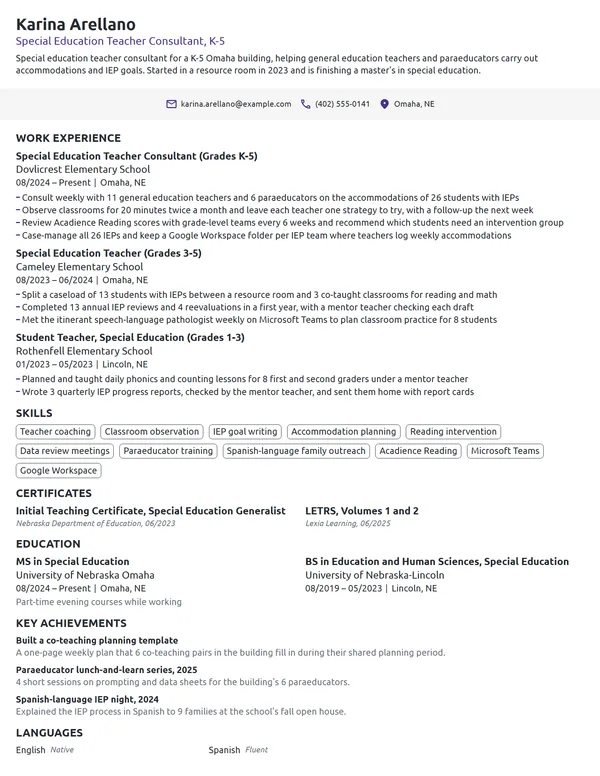 Special Education Teacher Consultant resume example