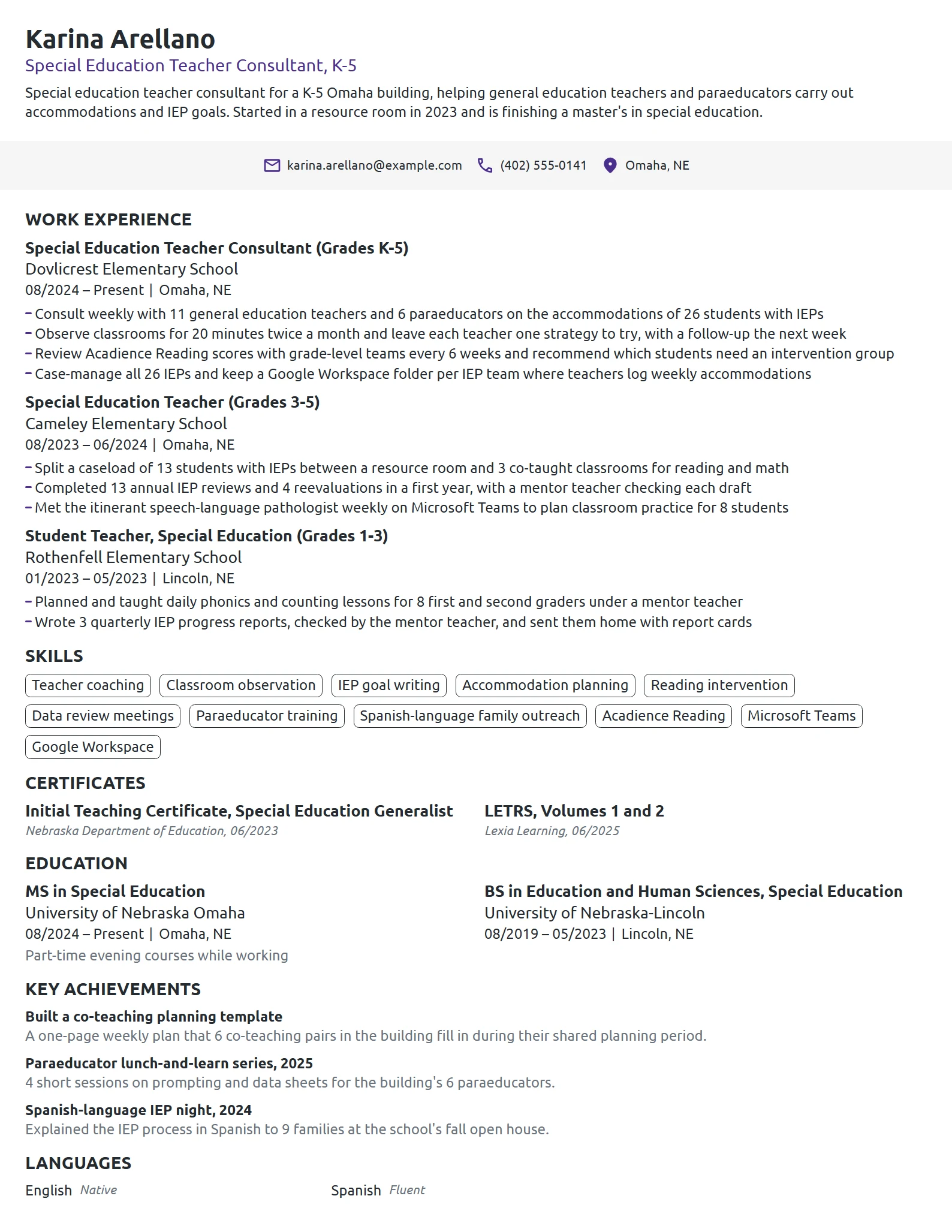 Special Education Teacher Consultant resume example