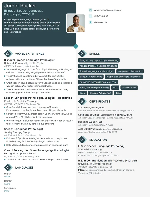 Bilingual Speech Pathologist resume example