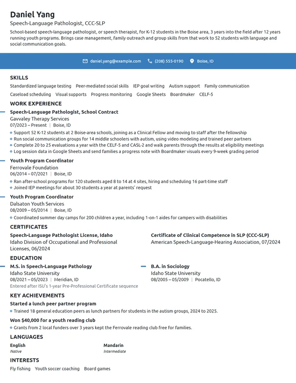 Career Change Speech Pathologist resume example