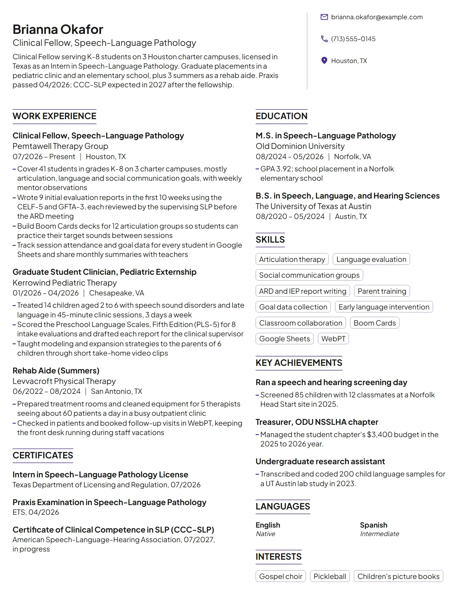 Clinical Fellow Speech Pathologist resume example