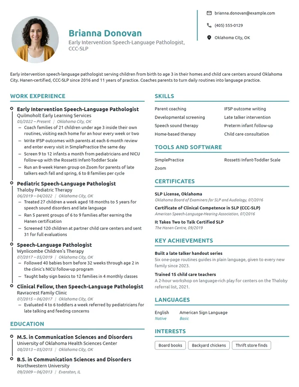 Early Intervention Speech Pathologist resume example