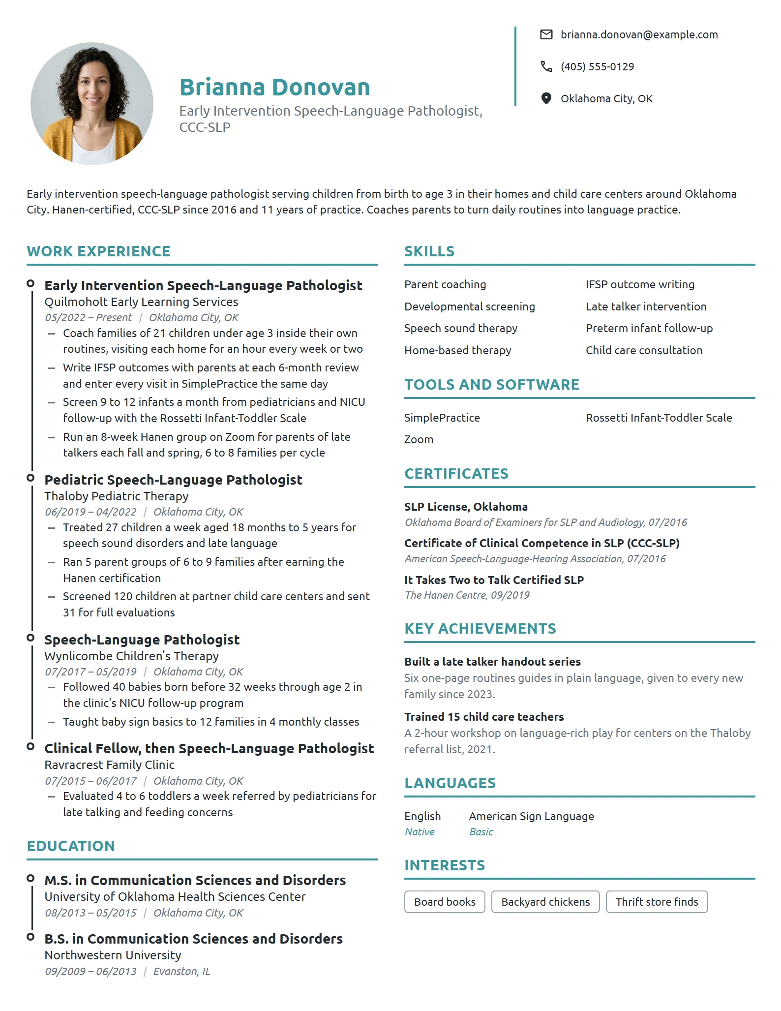 Early Intervention Speech Pathologist resume example