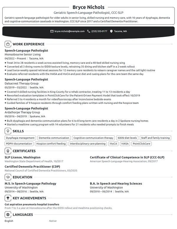 Geriatric Speech Pathologist resume example