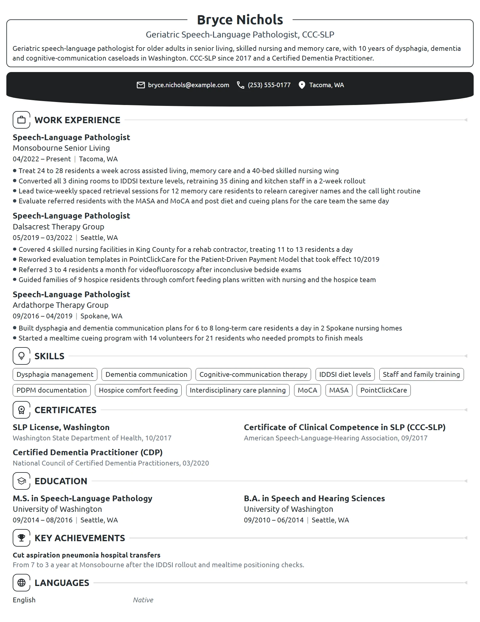 Geriatric Speech Pathologist resume example