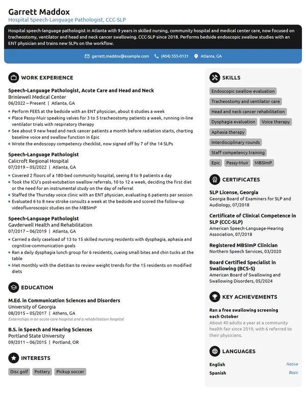 Hospital Speech Pathologist resume example