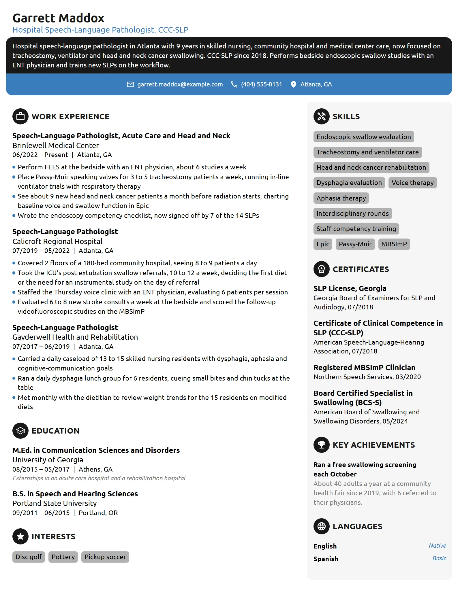 Hospital Speech Pathologist resume example