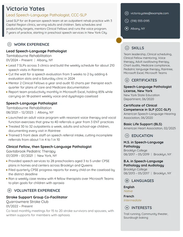 Lead Speech Pathologist resume example