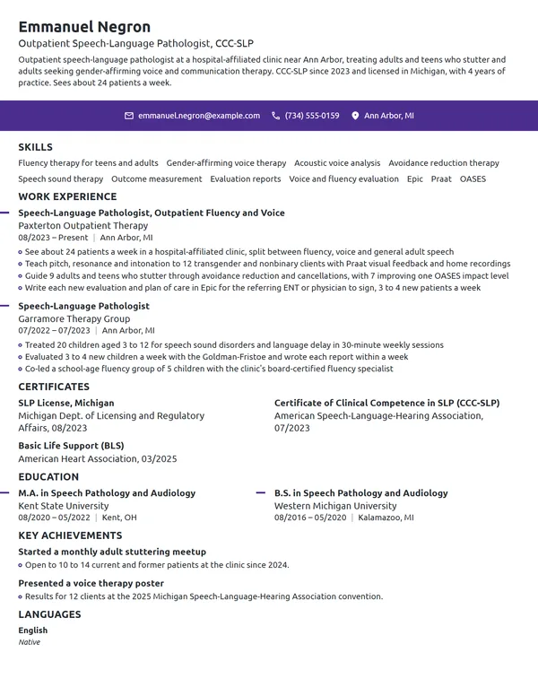 Outpatient Speech Pathologist resume example
