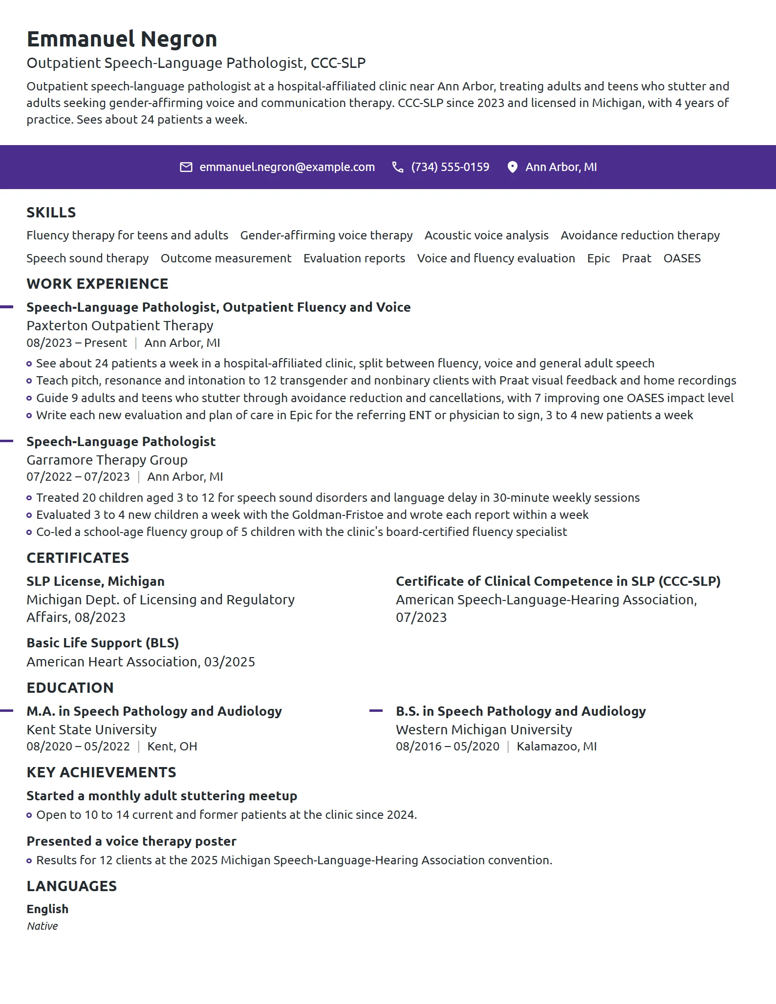 Outpatient Speech Pathologist resume example