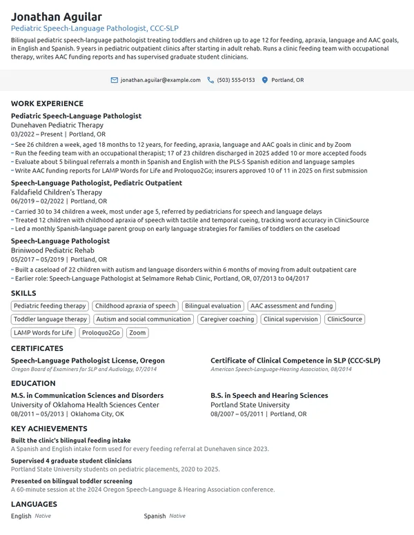 Pediatric Speech Pathologist resume example