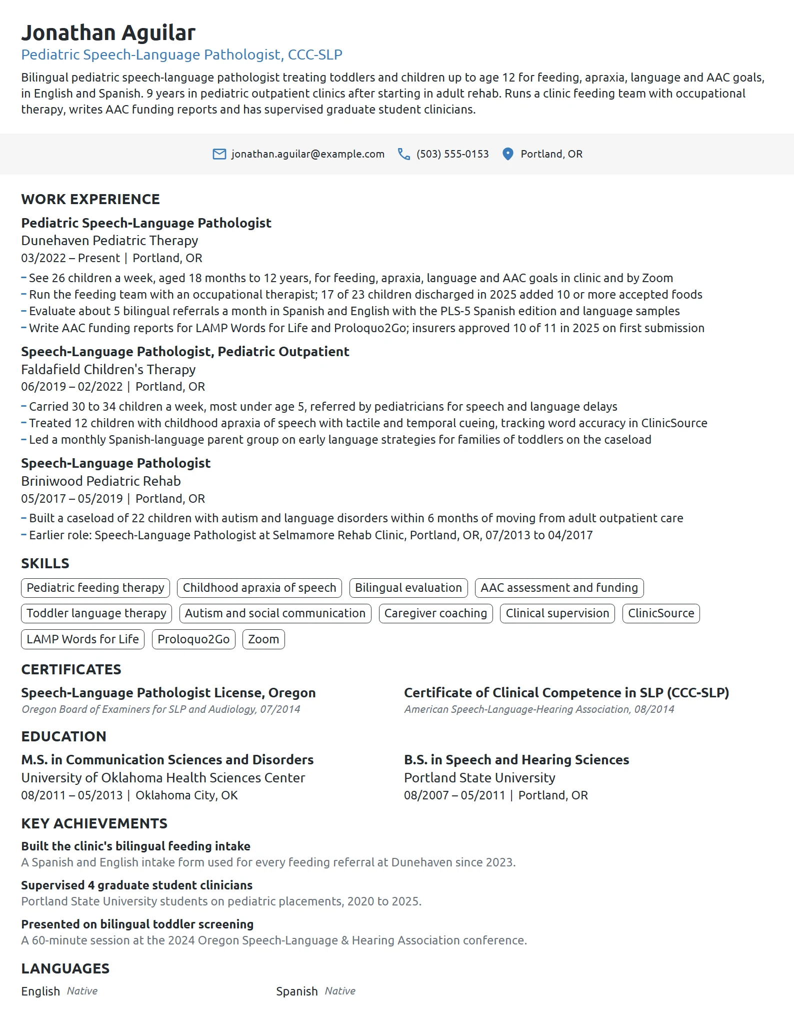 Pediatric Speech Pathologist resume example