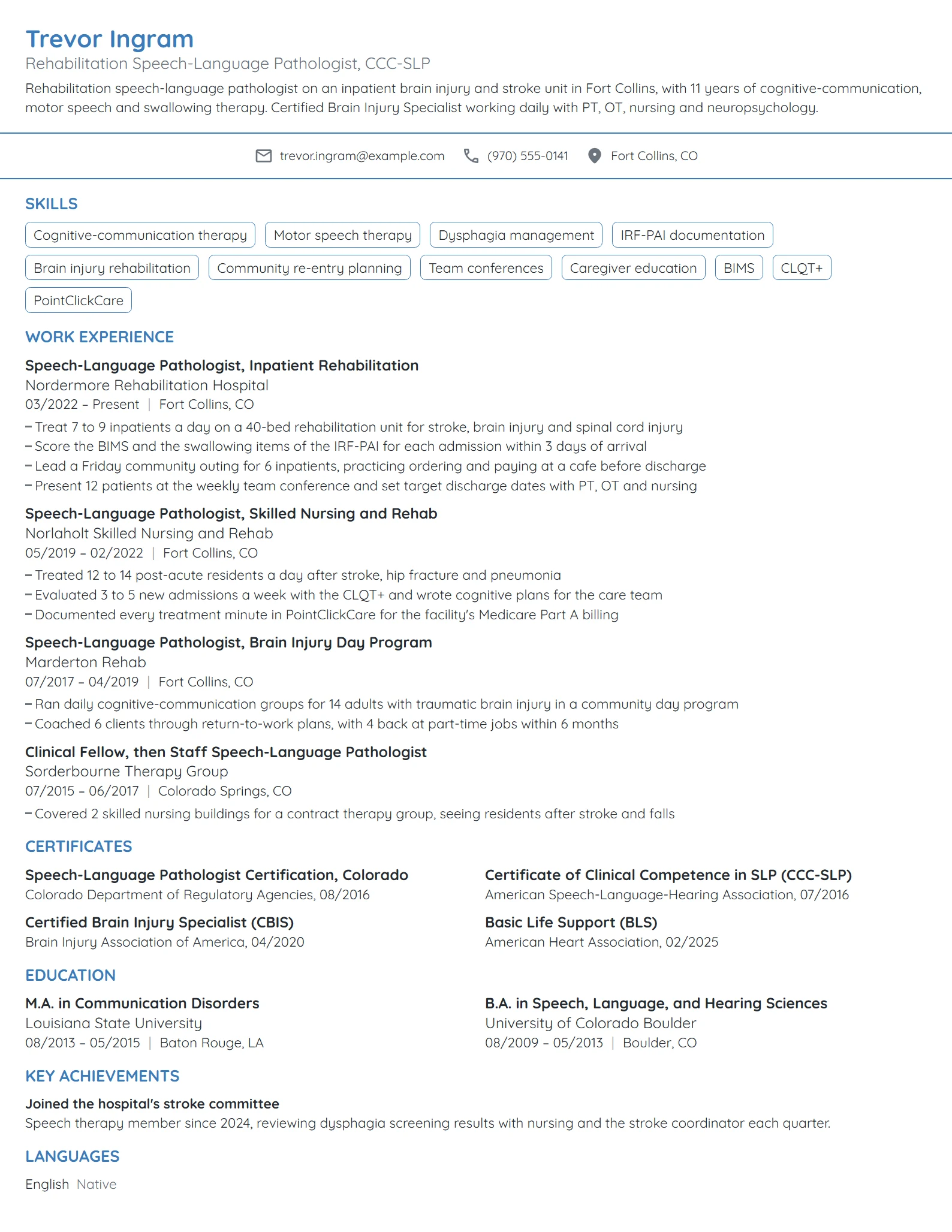 Rehabilitation Speech Pathologist resume example