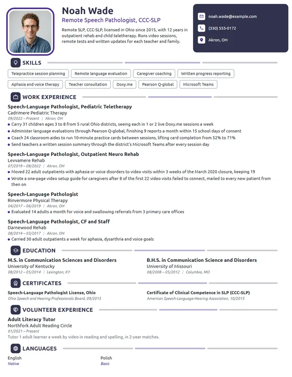 Remote Speech Pathologist resume example