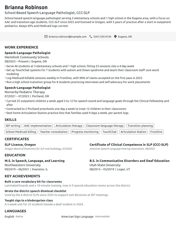 School-Based Speech Pathologist resume example