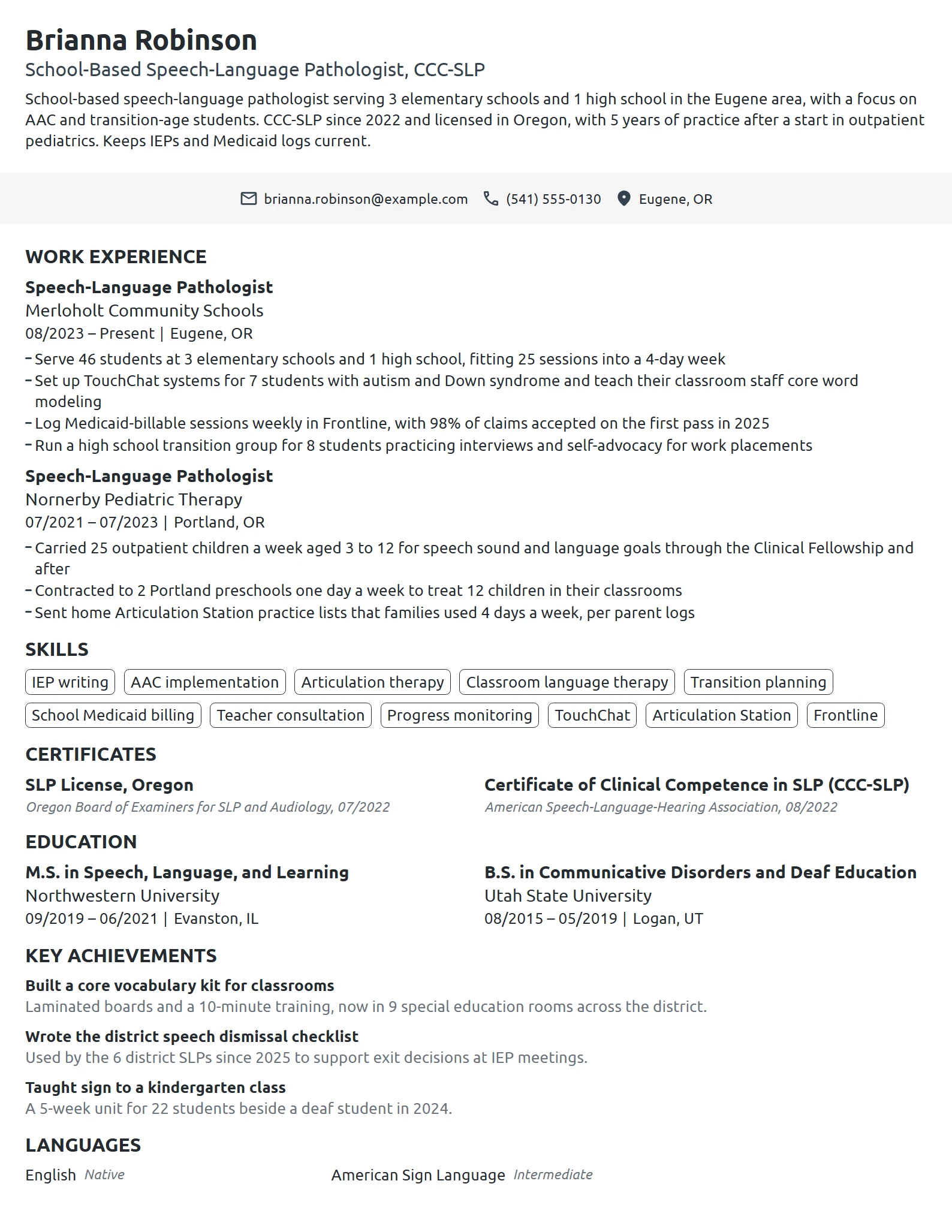 School-Based Speech Pathologist resume example