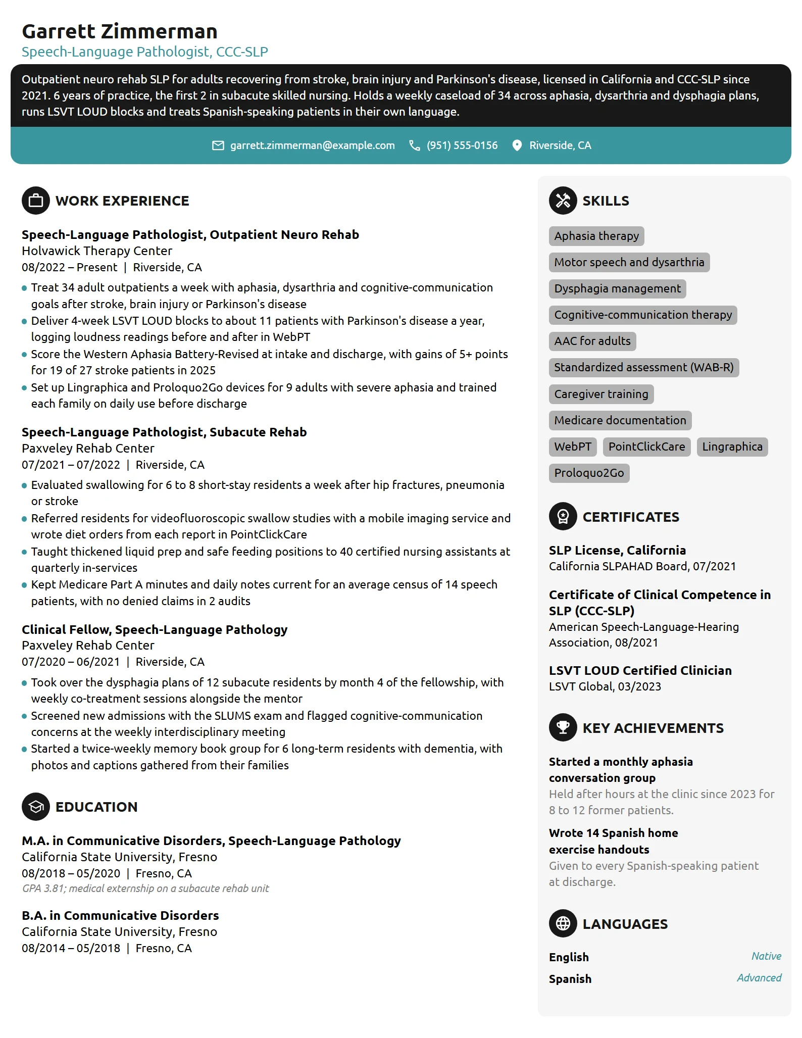 Speech Pathologist resume example